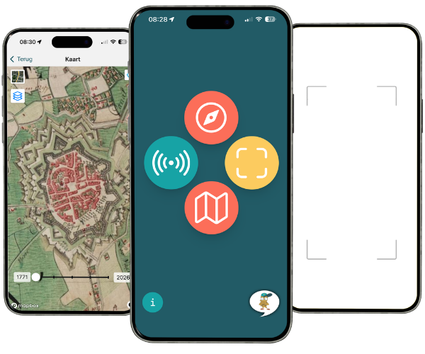 Trois écrans de smartphone avec ErfgoedApp - aperçu des visites patrimoniales, carte interactive et fonctions de réalité augmentée