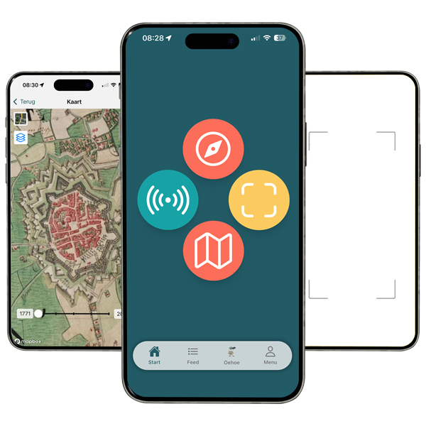 Trois écrans de smartphone affichant ErfgoedApp : aperçu des visites patrimoniales, carte interactive et fonctionnalités de réalité augmentée